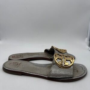 Tory Burch Miller Slide Sandals Metallic Silver Gold Logo Women's Size 9 READ!
